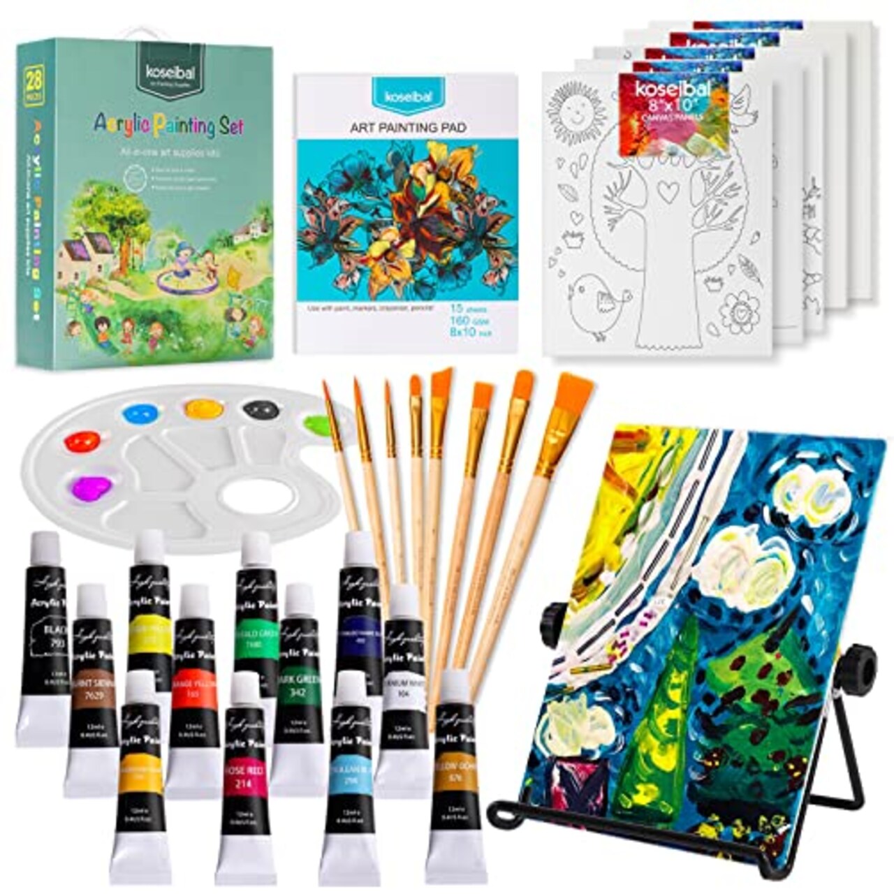 Koseibal Acrylic Paint Set for Kids, Art Painting Supplies Kit with 12  Paints, 5 Canvas Panels, 8 Brushes, Table Easel, Etc, Premium Paint Set for  Students, Artists and Beginner.